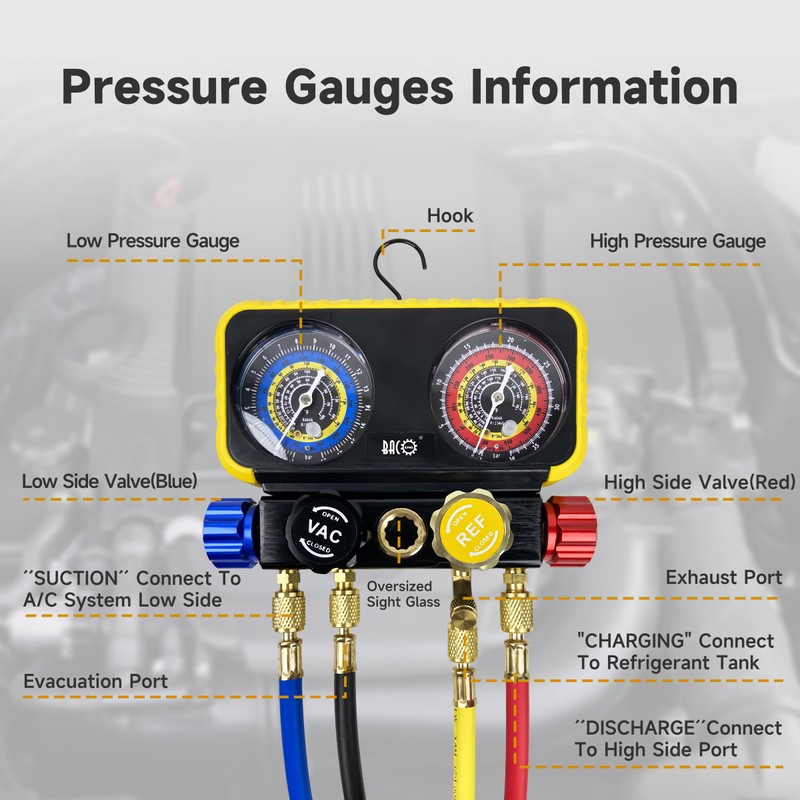 BACOENG AC R1234YF Gauge Set, Automotive 4 Way R1234yf Refrigerant