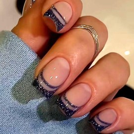 Black French Tip Press on Nails Short Square Fake Nails with Design Glitter Black Line False Nails Glossy Artificial Nail Nude Stick on Nails for Women Manicure 24pcs