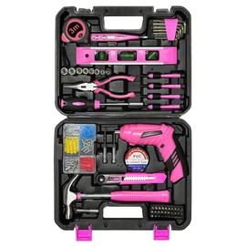 Pink Toolbox Essentials for Women Girls Starter DIY Drilling Kit with Cordless Power Tools, Electric Drill, Hammer, Screwdriver Sets, Mini Hand Tools, and Combo Bits for Home Repair Household Gift