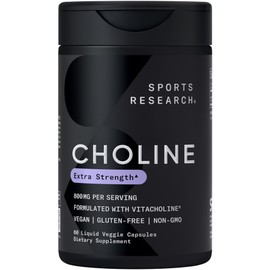 Sports Research ® Extra Strength Choline 800 mg - Essential Nutrient Featuring VitaCholine® for Focus Support - Vegan Certified · Non-GMO · Gluten Free - 60 Liquid Capsules