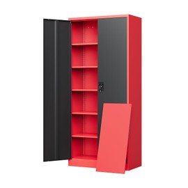 Yizosh Metal Garage Storage Cabinet with Lock Doors and 5 Shelves,-72" Steel Heavy Duty Tool Cabinet for Garage, Office,School (Red Black)