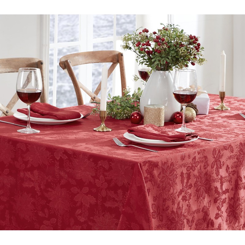 Newbridge Carol Damask No Iron Soil Release Holiday Tablecloths, 52"