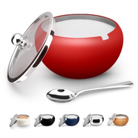 KooK Stainless Steel Sugar Bowl with Lid and Spoon, Serving Dish, Clear Glass Lid, Storage for Salt, Candy, Coffee, Holds 2 Cups, Dishwasher Safe, 16 oz Matte Rose