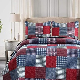 Ycosy Plaid Quilt Set Queen Size Country Patchwork Bedding Set Lightweight Reversible Bedspread Coverlet Set Red Blue Pliad Quilts Soft Home Collections with 2 Pillow Shams
