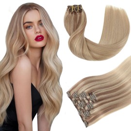 Youngsmile Real Human Hair Clip in Extensions 120g 7pcs 18inch #10/16/16 Ash Blonde with Bleach Blonde Invisible Natural Human Hair Extensions Clip in Hair Extensions Human Hair(#10/16/16-18inch)