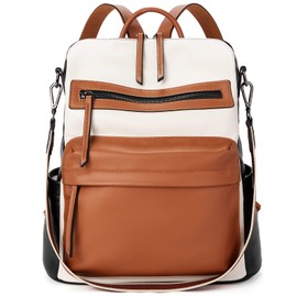 BROMEN Backpack for Women Convertible Backpack Purse Bookbag Purse Fashion Leather Travel Backpack Bags for Women White With Brown