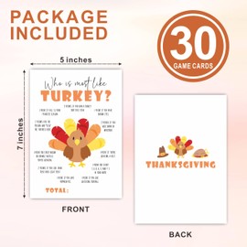 VZVCTFS Thanksgiving Game Set - Who is Most Like Turkey - 30 Pcs Double-Sided Fill in Style Game Cards for Family, Friends, Classroom Party Activities & Supplies - A02