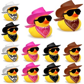 CXJYSD 12 Piezas De Pato Vaquero con Sombrero Bufanda Yanteojos De Sol Mini Patos(Pato vaquero-12)
