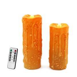 CVHOMEDECO. Real Wax Hand Dipped Battery Operated LED Pillar Candles with Remote Control, Primitives Country Flickering Dancing Flame Lights Décor, H 6 & 5 Inch, Set of 2 (Orange)