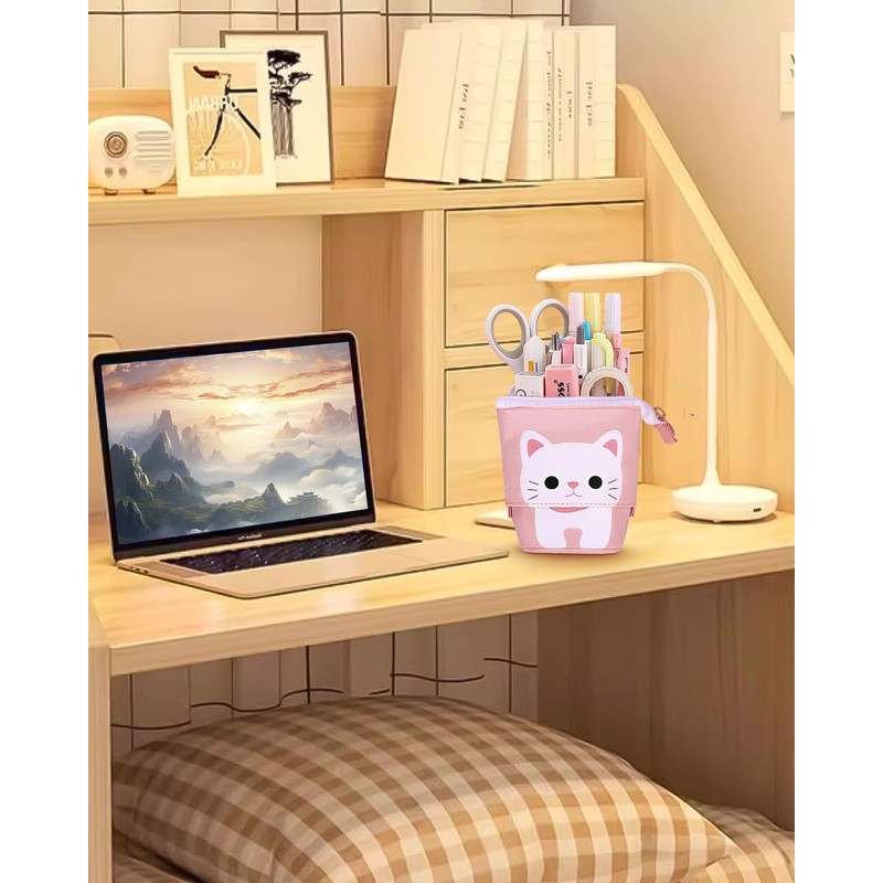 Xespis Pencil Case with Zip, Telescopic Pencil Case, Cat white,