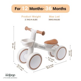 KidRoller Kid's Balance Bikes for 1 Year Old Boys and Girls, 12-24 Months Toddler Ride-on with Adjustable Seat and a Front Basket, First Birthday Gifts (White)