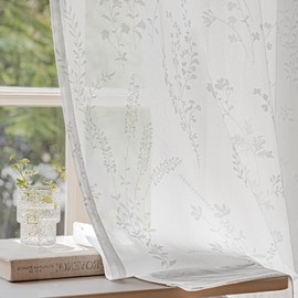 Anmao White Semi Sheer Light Filtering Curtains 63 Inches Long 2 Panels, Flower Pattern Drapes for Living Room Bedroom, Rod Pocket Sheer Window Treatments with Floral Design, 52x63 Inch