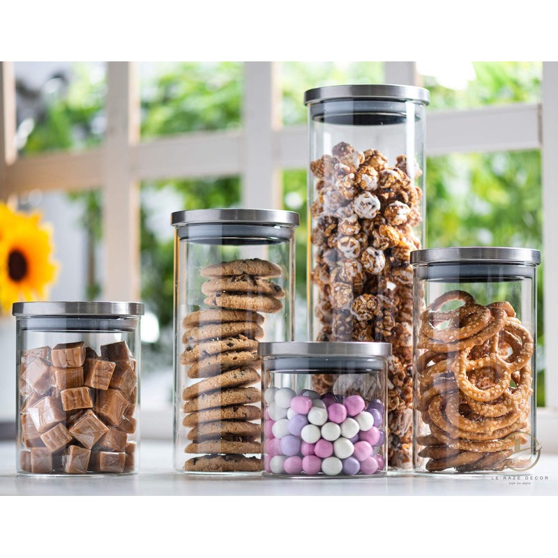 Set of 5 Glass Kitchen Canisters with Airtight Stainless-Steel Lid