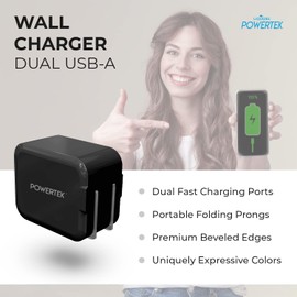 Liquipel Powertek Dual USB-A Wall Charger, Beveled Edges, Foldable, Compact (Black)