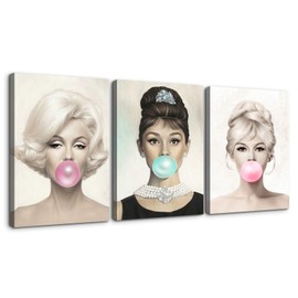 Denozer 3 Panel Beauty Portrait Canvas Wall Art, Audrey Hepburn and Brigitte Bardot with Colorful Bubble Gum Picture Prints Wall Decor, Idol Art Deco for Living Room - 24"x36"x3 Panels