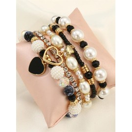 Women's Boho Style Rhinestone & Faux Pearl Decor Heart Charm Bracelets, 5pcs/set Trendy Vintage Matching Bracelets, Chic All-match Jewelry As Gift for Girlfriend, Girlfriend Gifts:_Multicolor3_one-size