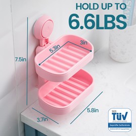 TAILI Double Layer Soap Dish for Shower, Max Hold 3 KG Suction Soap Holder for Bathroom, Bathtub, Wall Mounted, Waterproof, Drill-Free, Removable Shower Organizer, Sponge Holder, Plastic In Pink