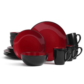 Bestone 16 Piece Round Kitchen Dinnerware Set,Plates and Bowls sets,Dishes, Dinner Plates, Cereal Bowls Set，Bowls, Mugs, Dish Set，Plates and Bowls,Service for 4, Stoneware Dinnerware,Red and Black
