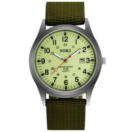 Men's Wristwatch, Water Resistant, Luminous: Arabic Numerals, Exquisite, Simulation, Military Watch, Outdoor, 24 Hour Luminousness, Pointer, Quartz, Large Dial, Simple, Nylon Strap, Green, green,