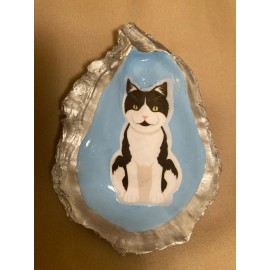 Unbranded Black White Tuxedo Kitty Cat Decorative Oyster Shell Jewelry Rings Trinket Dish