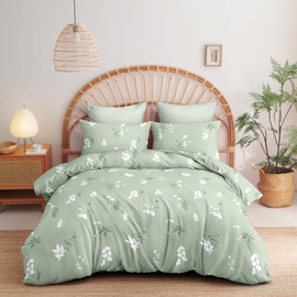Sedefen Floral Duvet Cover Queen Size Sage Green Botanical Bedding Set with White Flower 3 Pcs Women Men Romantic Floral Silhouette Ultra Soft Reversible Fall Duvet Cover with Zipper Closure