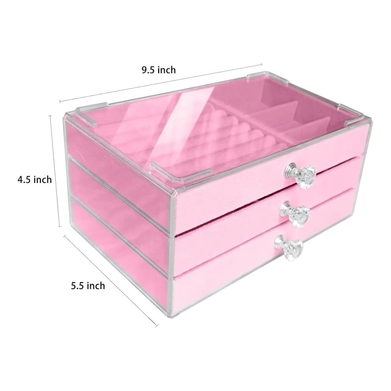 Joyero De Terciopelo Acrílico Transparente Con 3 Cajones