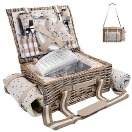 Picnic Basket Set for 4 with Insulated Liner and Waterproof Blanket Wine Pouch, Large Wicker Picnic Hamper for Camping,Outdoor,Valentine, for Couples, Cherry Coffee
