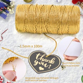 Alethron Kordel Gold, 1.5mm Geschenkband Gold 100m Garn Gold Metallisch Lametta Schnur Unelastisch Kordelband Goldfaden zum DIY Bastelschnur für Weihnachten Dekoration Geschenkverpackung
