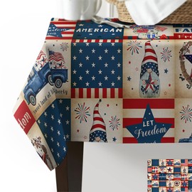 Independence Day Rectangle Dining Table Cloths, Vintage 4th of July Lattice Linen Tablecloth American Star Flag Checker Tables Cover for Kitchen Dinner Indoor Outdoor Holiday Party Decor 60x84in
