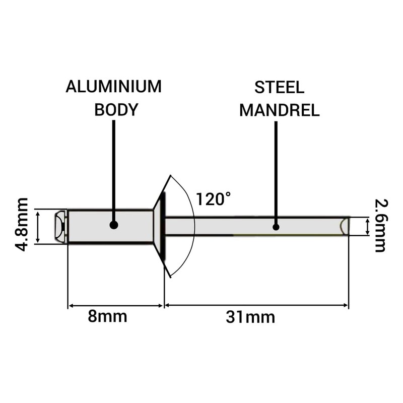 SKIR'CO (50 pcs) Countersunk Aluminium Blind Rivets 4.8 x 8
