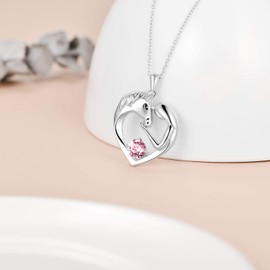Horse Gifts for Girls, Sterling Silver Love Heart Horse Necklace with Birthstone Crystals, Birthday Jewellery Gifts for Girls Women Horse Lovers (Pink)