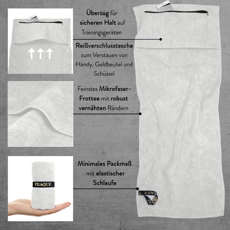 PEAQUE Fitness Towel with Zip Pocket, Microfibre with Terry Cloth