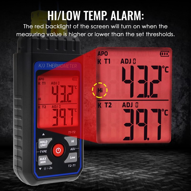 Thermocouple Thermometer with 4 K-Type Thermocouples, Digital Dual-Channel K/J Type