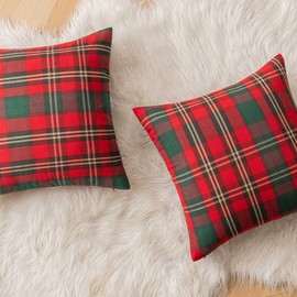 SINYASAN Set of 2 Red Christmas Scottish Plaid Throw Pillow Covers 18x18 Inch Green Woven Farmhouse Winter Decorative Pillow Covers with Gold Thread Holiday Accent Pillowcases for Sofa Couch Bed