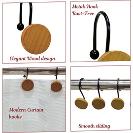 Luxape Rustic Round Wood Shower Curtain Hooks – Set of 12 Modern Decorative Shower Rings with Metal Hooks for a Stylish and Durable Bathroom Upgrade (Black)