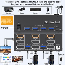 8K@60Hz HDMI Displayport KVM Switch 3 Monitor 2 Computer 4K@144Hz Triple Monitor KVM Switches with USB 3.0 Port,Wired Remote,Power Adapter and USB3.0 Cables(6.6 cm 2 PC 3 Monitor 8K KVM)