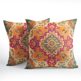Kawani Boho Vintage Pillow Covers 18x18 Inch Set of 2 Antique Ethnic Outdoor Decorative Throw Pillow Covers Orange Carpet Pattern Pillowcases Cushion Covers for Home Couch Decor