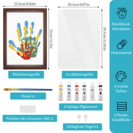 Family Handprint Set, Handprint Set Family with 4 Plexiglass Plates, 6 Colours, Brush, Dust Sticker, Instructions and 2 Non-Staining Nails, Footprint Baby and Family with Space for 4 (Brown)