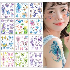 12 Sheets Glitter Oceans Temporary Tattoos Sticker, Butterfly Temporary Tattoos Sticker, Face Makeup Decoration, Body Art Tattoos for Women, Girls Festival Party Eye Decor
