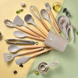 Brodark 35-Piece Wooden Handle Silicone Utensils Set - Beige color
