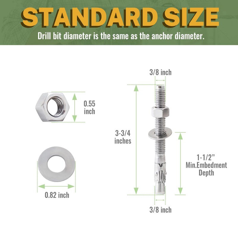 LIONMAX Stainless Steel Concrete Anchor Bolts 3/8" x 3-3/4 Inch,
