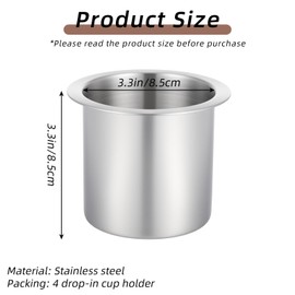 4Pcs Drop-in Cups Holders,304 Stainless Steel Automotive Cup Holders,3.3inch Silver Poker Table Drink Holder Dining Table Cinema Sofa Yacht Boats Cars Touring RV Car Drop-in Drink Cup Holder