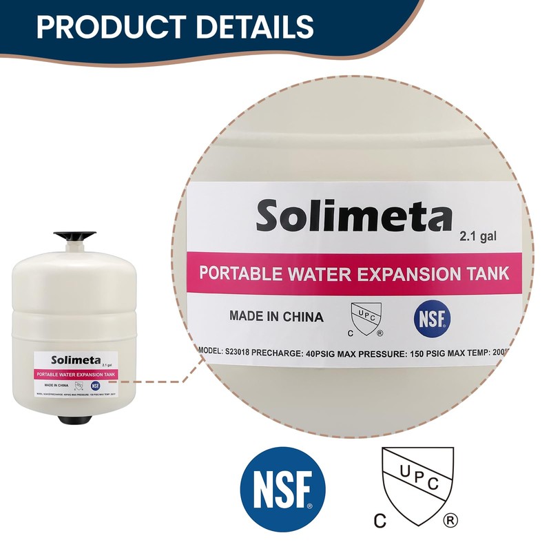 Solimeta 2.1 Gallon Potable Water Expansion Tank With Adjustable Wall