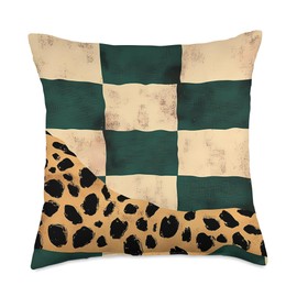 Green Vintage Checkered Cheetah Print Kiss Pattern Throw Pillow