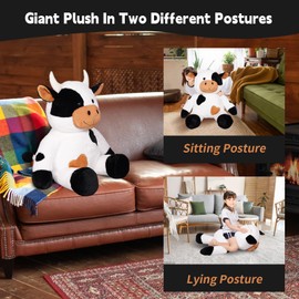 ZBLX Giant Cow Stuffed Animal, 24 Inches Big Cute Jumbo Soft Cow Toys, Large Fluffy Cow Plush Home Farm Decoration Birthday Gifts for Kids Boys Girls (Black)