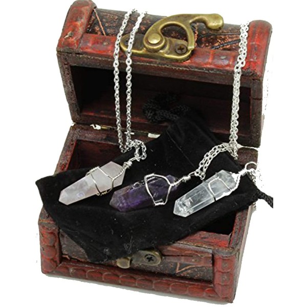 Dancing Bear Healing Crystal Pendant Necklaces (Set of 3) Master Stones: Amethyst, Rose Quartz & Clear Quartz w/ Identification Cards & Treasure Box, Positive Energy, Good Vibes, Lucky Charm, Reiki