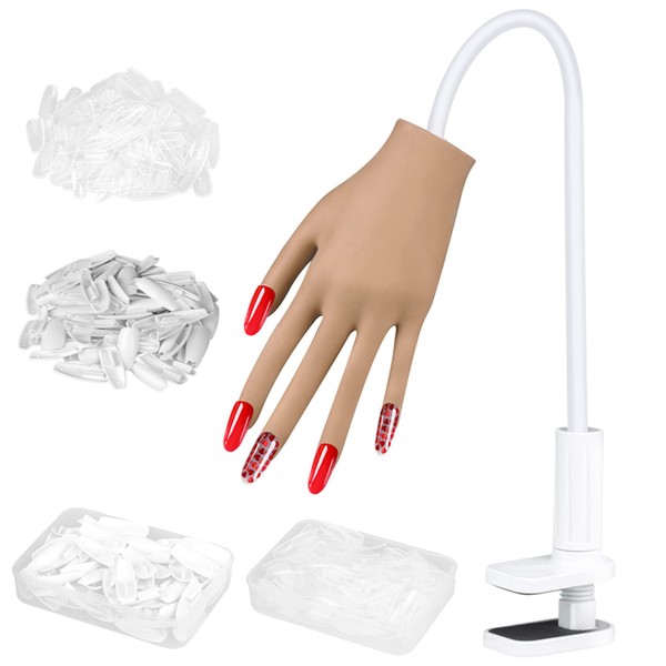 Nail Practice Hand for Acrylic Nails - HoMove Silicone Practice Nail Hand, Flexible Movable Nail Training, Mannequin Fake Hand to Practice Nail-Finger Never Fall Off with 200PCS Nail Tips