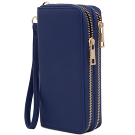 FashionPuzzle Double Zip Around PU Leather Wristlet Wallet (Navy)