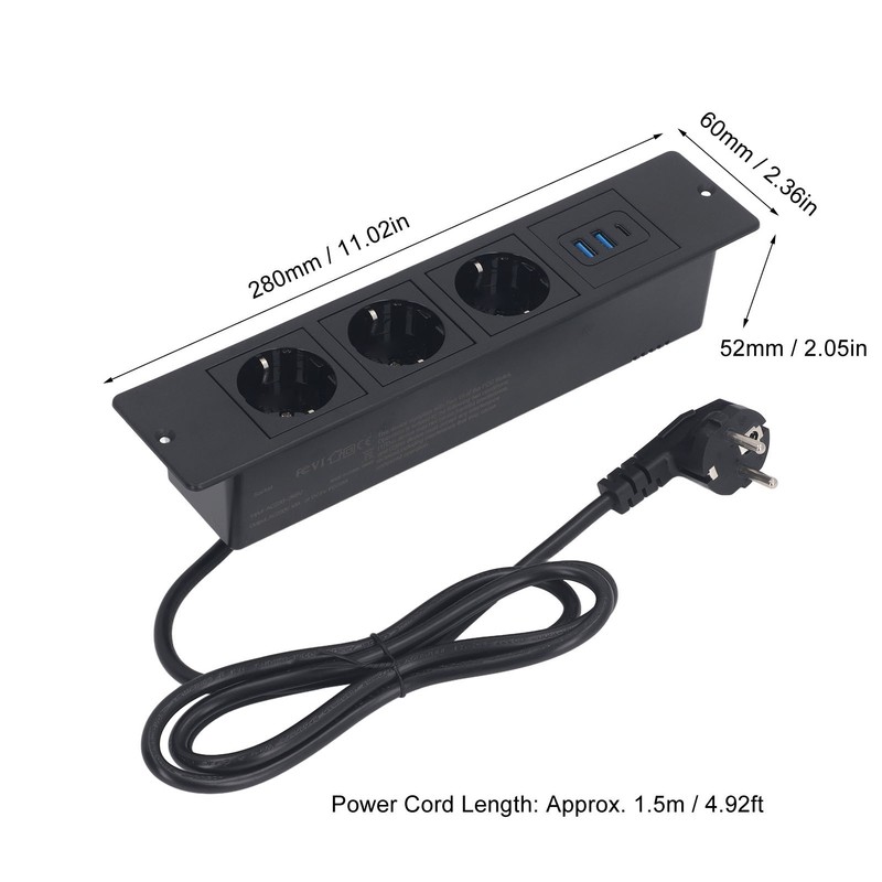 Recessed Power Strip 3xOutlets 2xUSB A 1xUSB C PD20W Ports