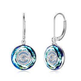PEIMKO Evil Eye Leverback Earrings Sterling Silver Crystal Evil Eye Earring Good Luck Round Evil Eye Protection Earring Gift for Women(Blue)